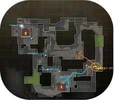 Egy Counter-Strike-térkép taktikai térképe, pozíciókkal, útvonalakkal és stratégiai jelölésekkel.