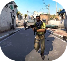 Counter-Strike-szereplő, aki egy játékmenet-jelenetben puskával a kezében rohan az utcán.