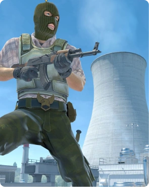 Álarcos terrorista AK-47-es gépkarabéllyal egy ipari környezetben, Counter-Strike stílusban.
